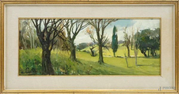 Antonio Privitera (Catania, 1910 – Roma, 1989), Alberi, olio su tela, cm 25x60, entro cornice