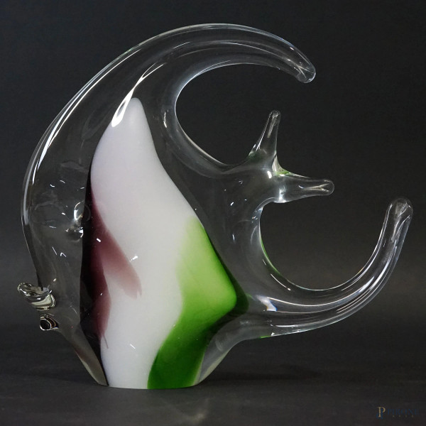 Pesce, scultura in vetro di Murano, XX secolo, in vetro sommerso policromo, cm h 19x21