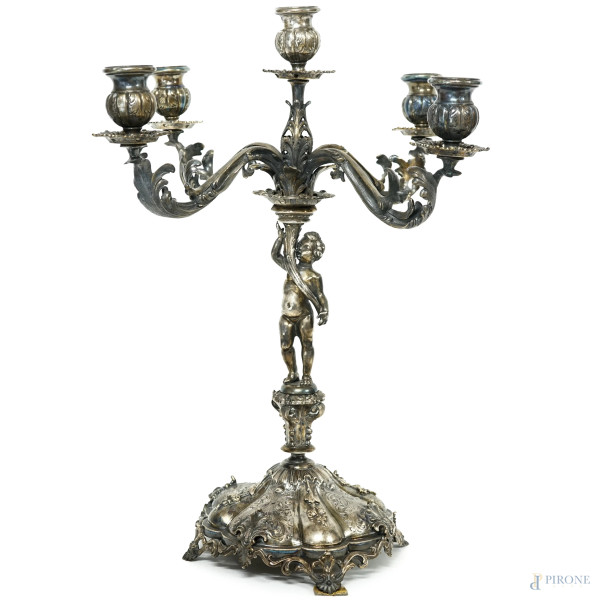 Candelabro in argento, argentiere Valle', Milano, XX secolo,  cm h 49, peso gr. 2750, (difetti)