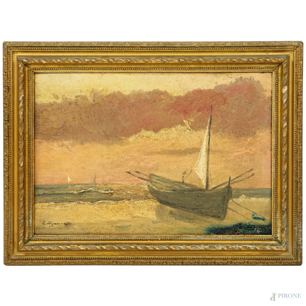 Barca in riva al mare, olio su tela, firmato in basso a sinistra, cm 27,8x39,5