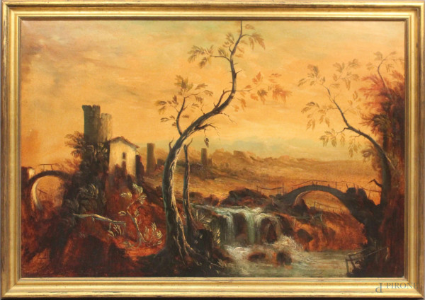 Paesaggio fluviale con figure, olio su tela, cm. 80x120, entro cornice.