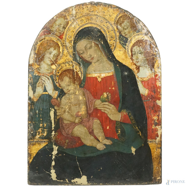 Pittore del XIX secolo, Madonna con bambino e angeli, olio su tavola, cm 41,5x30