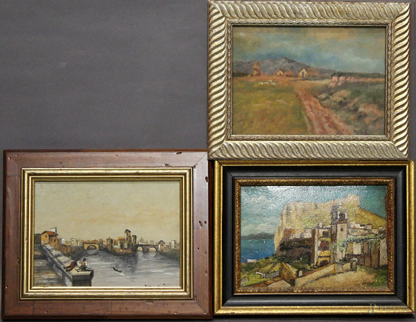 Lotto di tre dipinti raffiguranti paesaggi, a tecniche e misure diverse, in cornici