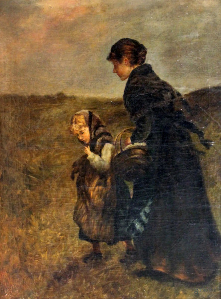 Paesaggio con donna e bambina, dipinto olio su tela, cm 60x50,5, XIX sec.,entro cornice.