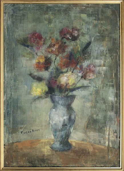 Natura morta, Vaso con fiori, dipinto ad olio su tela, cm 70 x 50, firmato Giuliani, entro cornice.