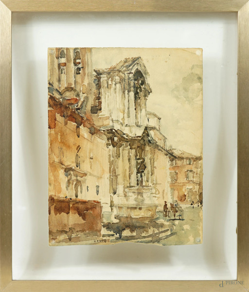 Giulio Brunacci - La Chiesa di Santa Maria in Campitelli a Roma, acquerello su carta, cm 33,5x26, entro cornice