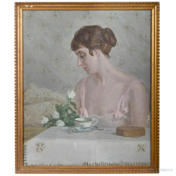 Profilo di donna con rose bianche, XX secolo, olio su tela, cm 72,5x59,5, entro cornice, (difetti)