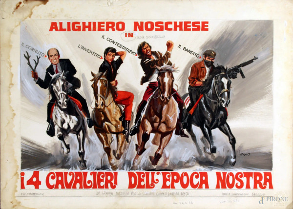 I quattro cavalieri dell&#39;epoca nostra, tecnica mista su cartone, cm. 37x51.