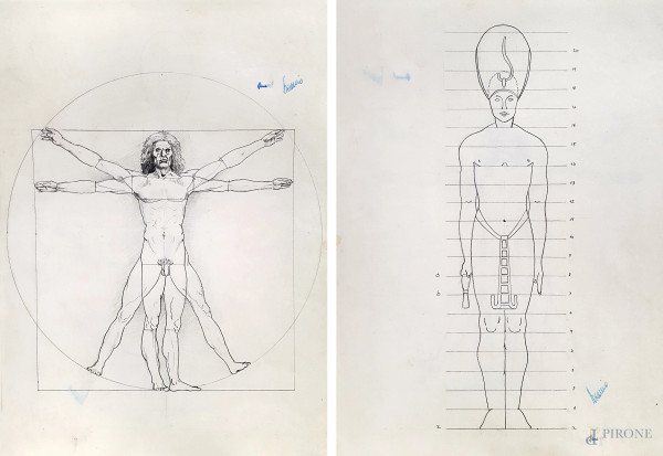Artista del Novecento, antico disegno raffigurante teoria delle proporzioni nell’Uomo Vitruviano e nei Canoni Egizi, matita su carta, cm 35x25