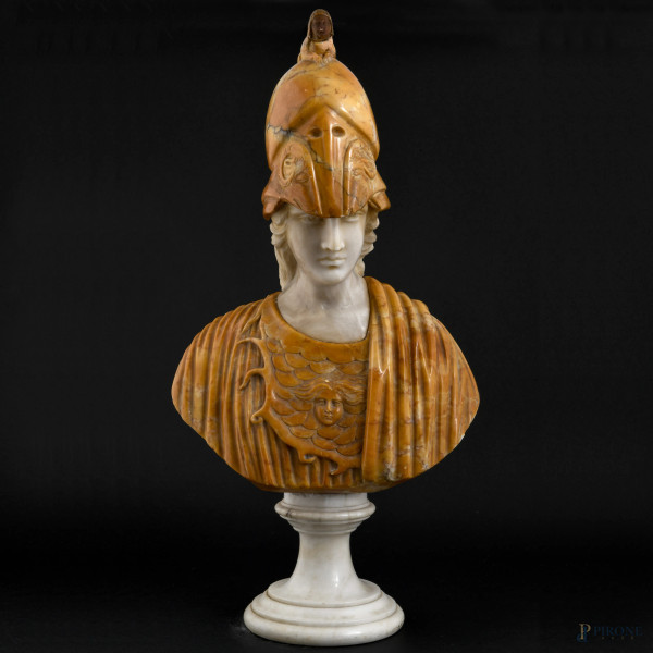 Busto di Minerva, base in marmo statuario e scultura in marmo giallo screziato e alabastro, altez...