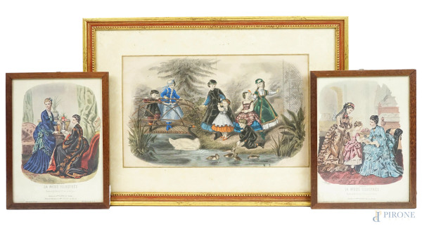 Tre stampe a colori raffiguranti personaggi in abiti ottocenteschi, misure max cm 21,5x35, XIX-XX secolo, entro cornici