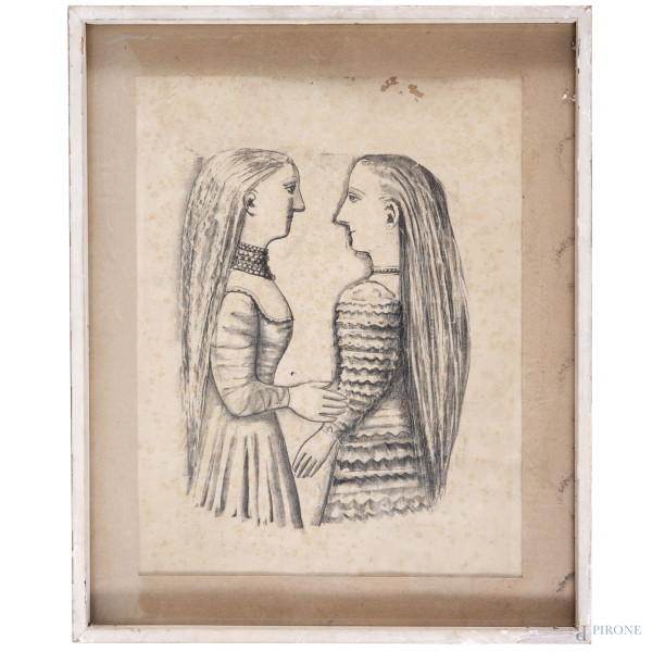 Senza Titolo, stampa su carta, firmato in basso a destra, cm 66x54 compreso passepartout, entro cornice, (rotture, azione di tarlo, umidità, foxing, difetti)