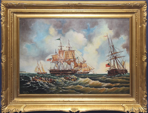 Battaglia navale, olio su cartone telato, 50x70 cm, firmato e datato, entro cornice.