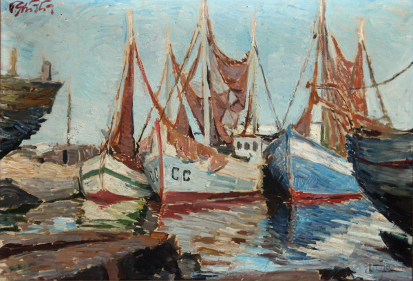 Paulo Ghiglia - Porto con barche, olio su tela, 50x70, entro cornice
