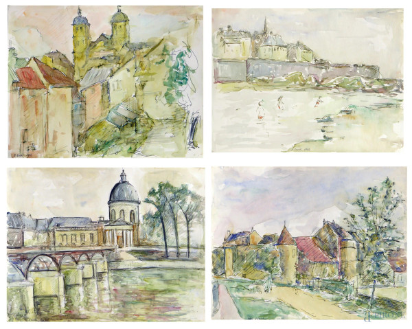 Artista francese del Novecento, lotto composto da quattro dipinti a gouache su carta, ciascuno cm 33x26   