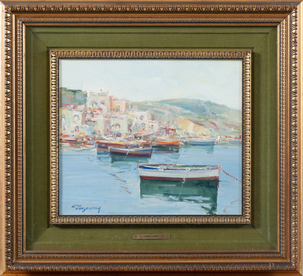 Golfo di Napoli, XX secolo, olio su tela, cm 31x35, firmato in basso a sinistra, entro cornice