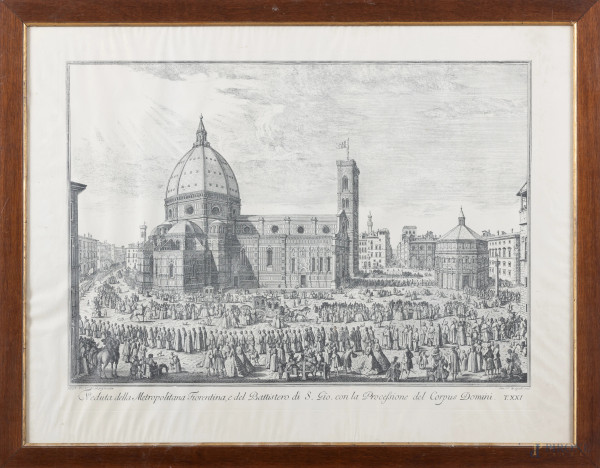 Veduta della Metropolitana Fiorentina, e del Battistero di S.Gio. con la Processione del Corpus Domini, XX secolo, incisione su carta, cm 58x76, entro cornice, (segni di usura, ondulazioni della carta, piegature, leggere tracce di umidità)