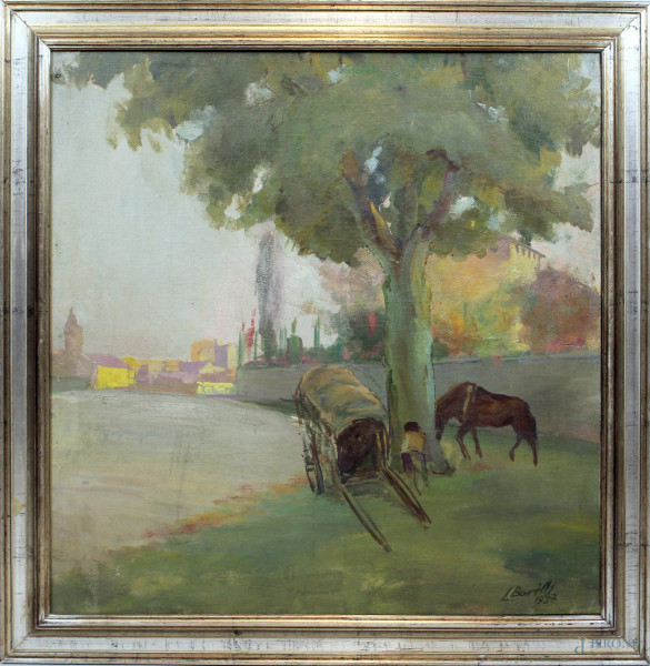 Latino   Barilli - Riposo sul lungo fiume, olio su tela riportata su tavola, cm. 70x67, entro cornice.