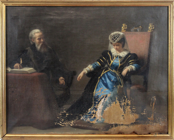Maestro del XIX secolo, Interno con sposa e nobiluomo, olio su tela, cm 56x48,5, entro cornice, (difetti alla tela).