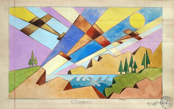 Vittorio Caproni (XX sec.) Aeropittura, tempera su carta, cm 22x35, titolato "Futuraerei" in basso al centro, firma e timbro dell'Artista in basso a destra, con cornice