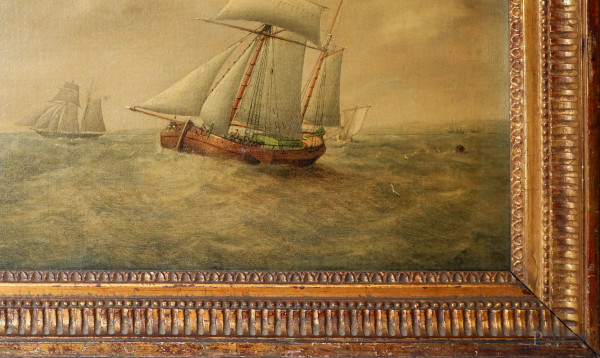 Veliero in mezzo al mare, olio su tela, XX secolo,cm 36x46 entro cornice, (difetti)