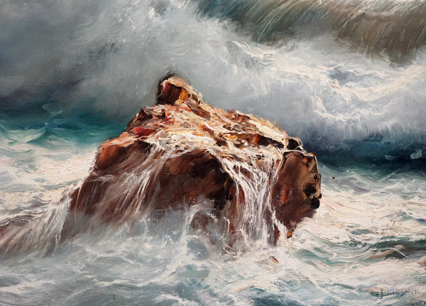 Marina, olio su tela, cm 100x151, firmato, entro cornice