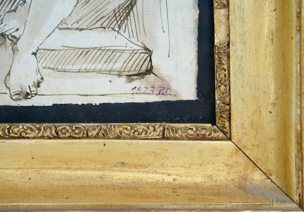 Lotto di due disegni raffiguranti nudi femminili, china e acquarello su carta, 1823. Firmati entr...