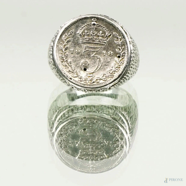 Anello in argento con incastonata moneta da 3 pence 1918, misura 10