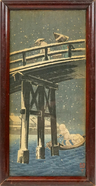 Nevicata sul ponte, multiplo a colori, 27,5x13,5, recante timbro, Giappone,  entro cornice, (lievi difetti).