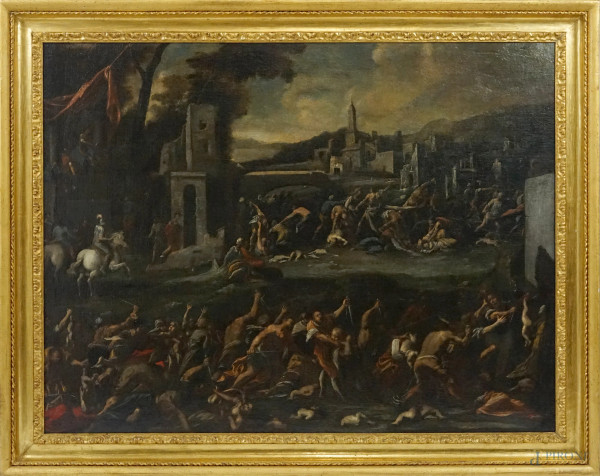 Attr. a Scipione Compagno (Napoli, 1624 circa- post 1680), Strage degli Innocenti, olio su tela, cm 94x123, entro cornice