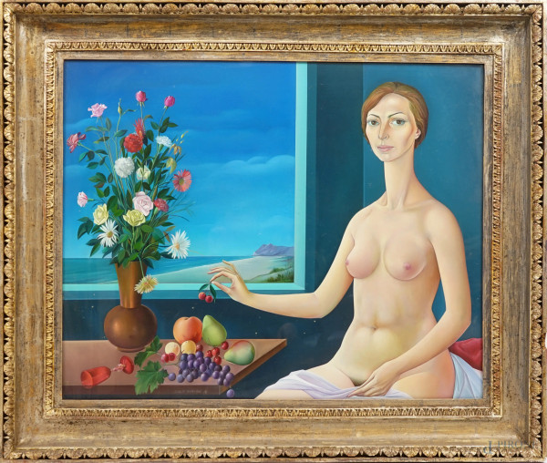 Carlo  Canevari - Nudo di donna, olio su tavola, cm 73,5x93, entro cornice