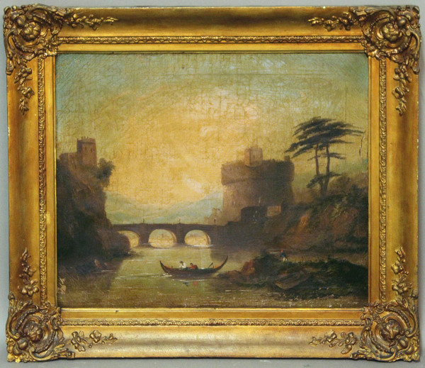 Paesaggio fluviale con barca  e figura su sfondo di ponte e fortezza, olio su tela 60x50 cm, XIX sec, entro cornice.