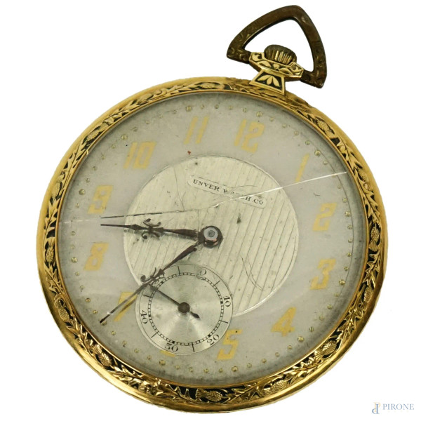 Orologio da tasca placcato in oro 18k Unver Watch Co, diam cm 5, (difetti, meccanismo da revisionare)