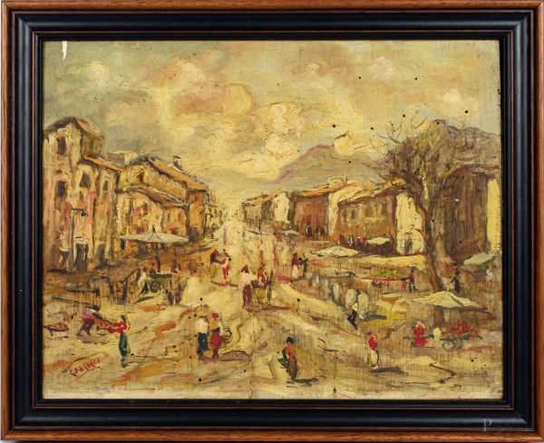 Mercato del gioved&#236; a Genzano di Roma, olio su cartone, cm. 29x36, firmato e datato, entro cornice.