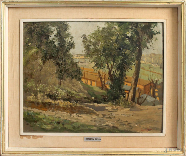 Cesare Laruffa, Parco della rimembranza, olio su tavola, cm 49 x 39, entro cornice.