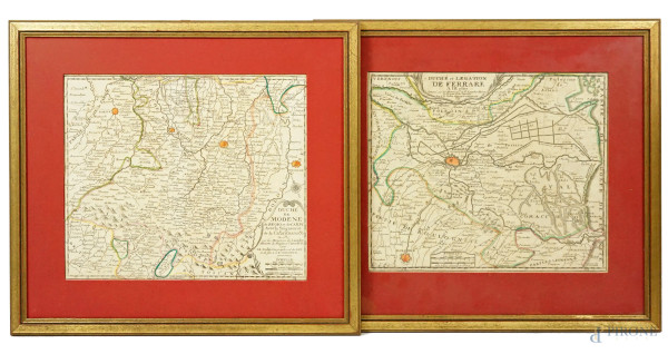 Lotto composto da 2 stampe raffiguranti la carta geografica del ducato di Ferrara e di Modena, XVIII secolo, cm 33,5x38, entro cornice