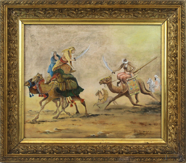 Paesaggio e figure orientali, olio su tavola, cm 32x38, firmato, entro cornice.