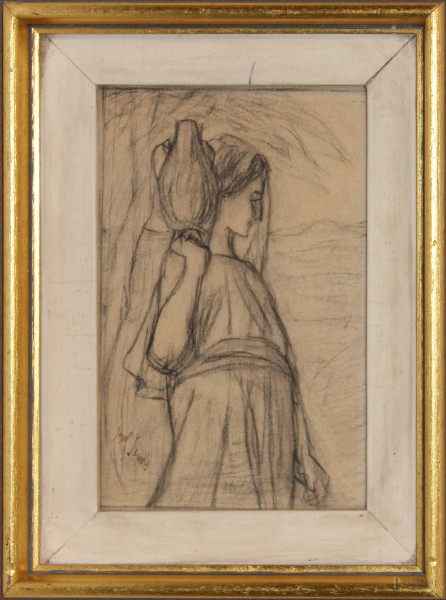Figura di donna, disegno a matita, cm 10x15, entro cornice firmato.