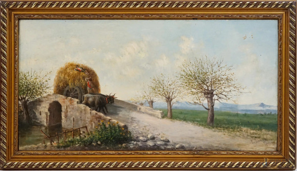 Campagna romana con carro e contadini, olio su tela, cm 45x80, firmato, entro cornice, (cadute di colore).