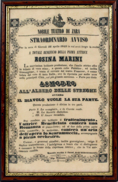 Locandina in seta per il Nobile Teatro di Zara, 1849, cm 30x18