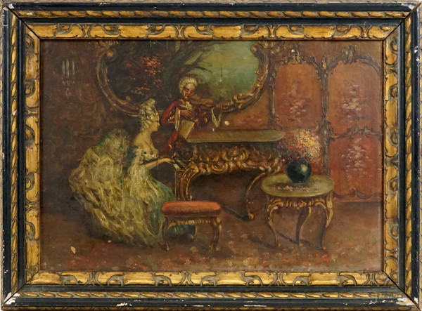 Il concerto, olio su compensato, cm 32x48, firmato, entro cornice.
