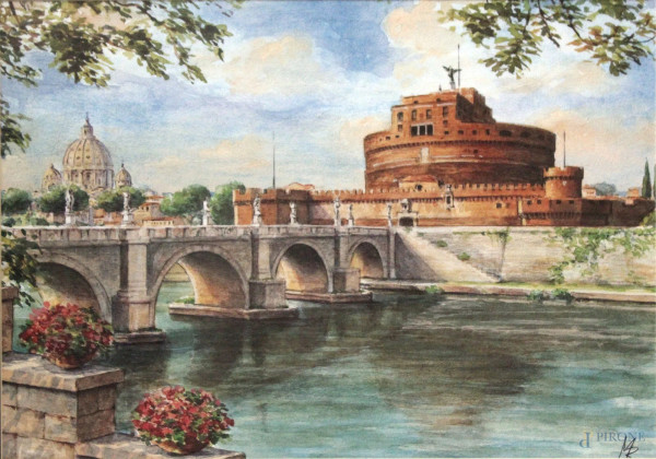 Ponte Sant'Angelo, acquarello su carta, 34X48, entro cornice, siglato.
