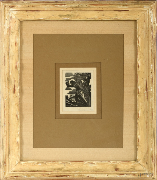 Bruno Bramanti, Calvario, xilografia su carta, cm 7,8x6,5, entro cornice