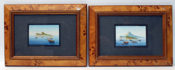 Coppia gouaches raffiguranti Ischia e Capri, cm 10x14, entro cornice.