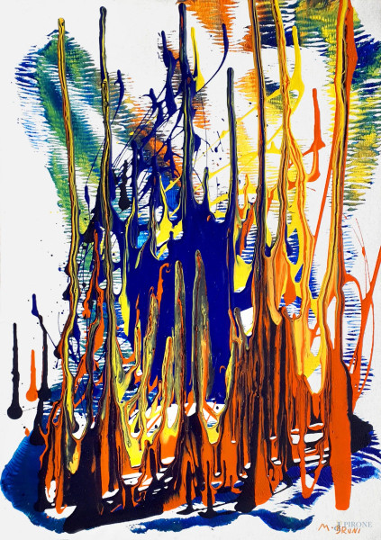 Matteo Bruni (XXI sec.) Composizione astratta, tecnica mista su tela applicata su cartone, cm 30x40, firmato, firma e anno al retro