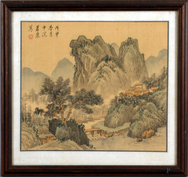Stampa cinese raffigurante paesaggio, cm. 22x24, entro cornice.