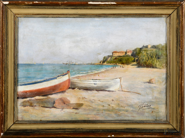 Marina di San Vito, XX secolo, olio su tela, cm 36x51 entro cornice, firmato in basso a destra (ondulazioni della tela e lieve usura dell'impasto cromatico)