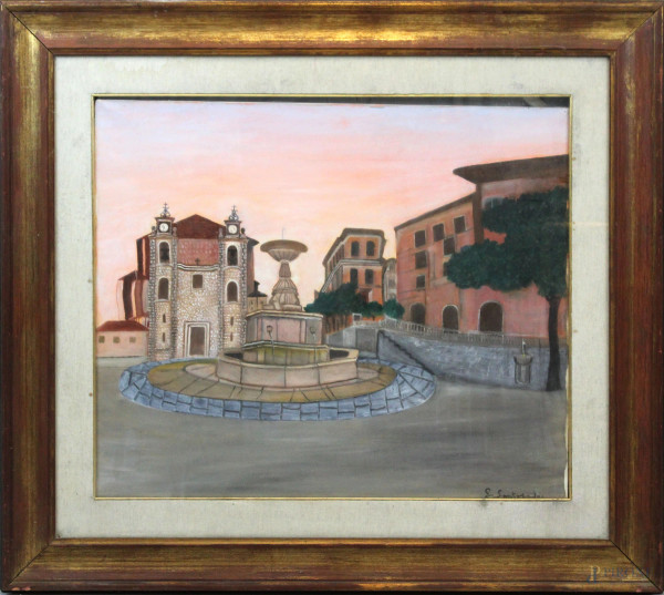 Scorcio di piazza con fontana, olio su tela, cm 60x70, firmato, entro cornice.