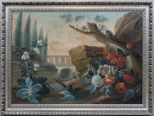 Paesaggio con fiori, olio su tela, cm 65x63,5, XVIII-XIX secolo, entro cornice.