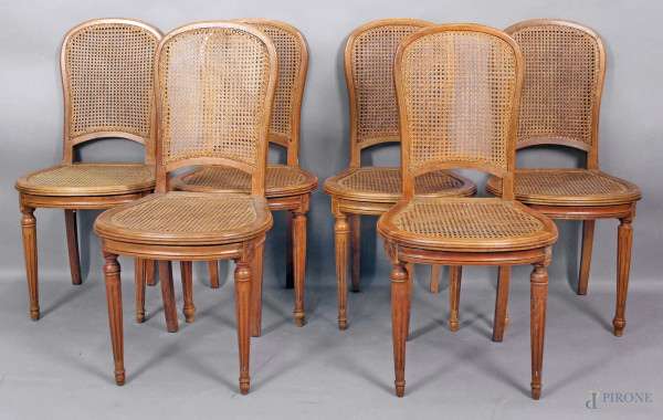 Lotto composto da sei sedie in rovere con sedile e schienale in cannett&#233;, Francia primi &#39;900.